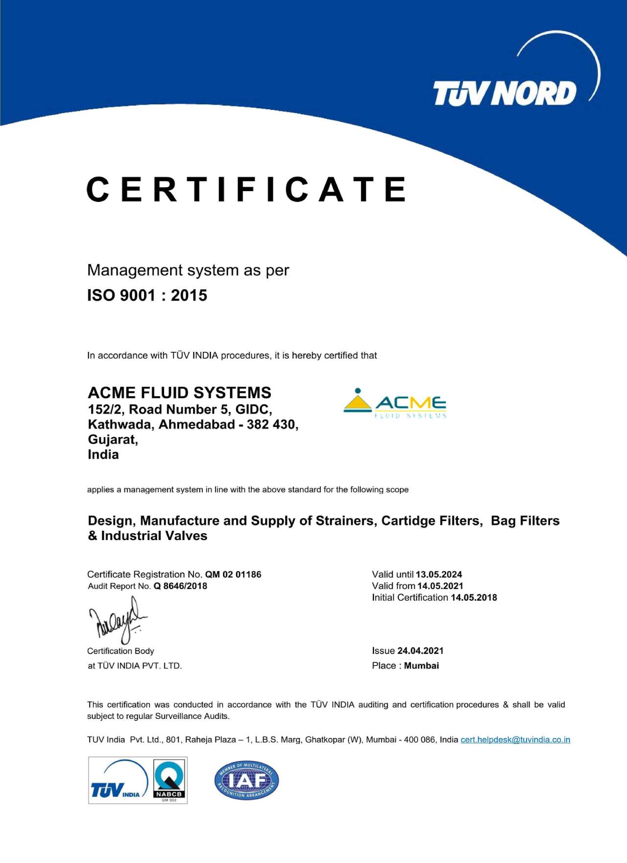 ISO 9001 : 2015 Certificate